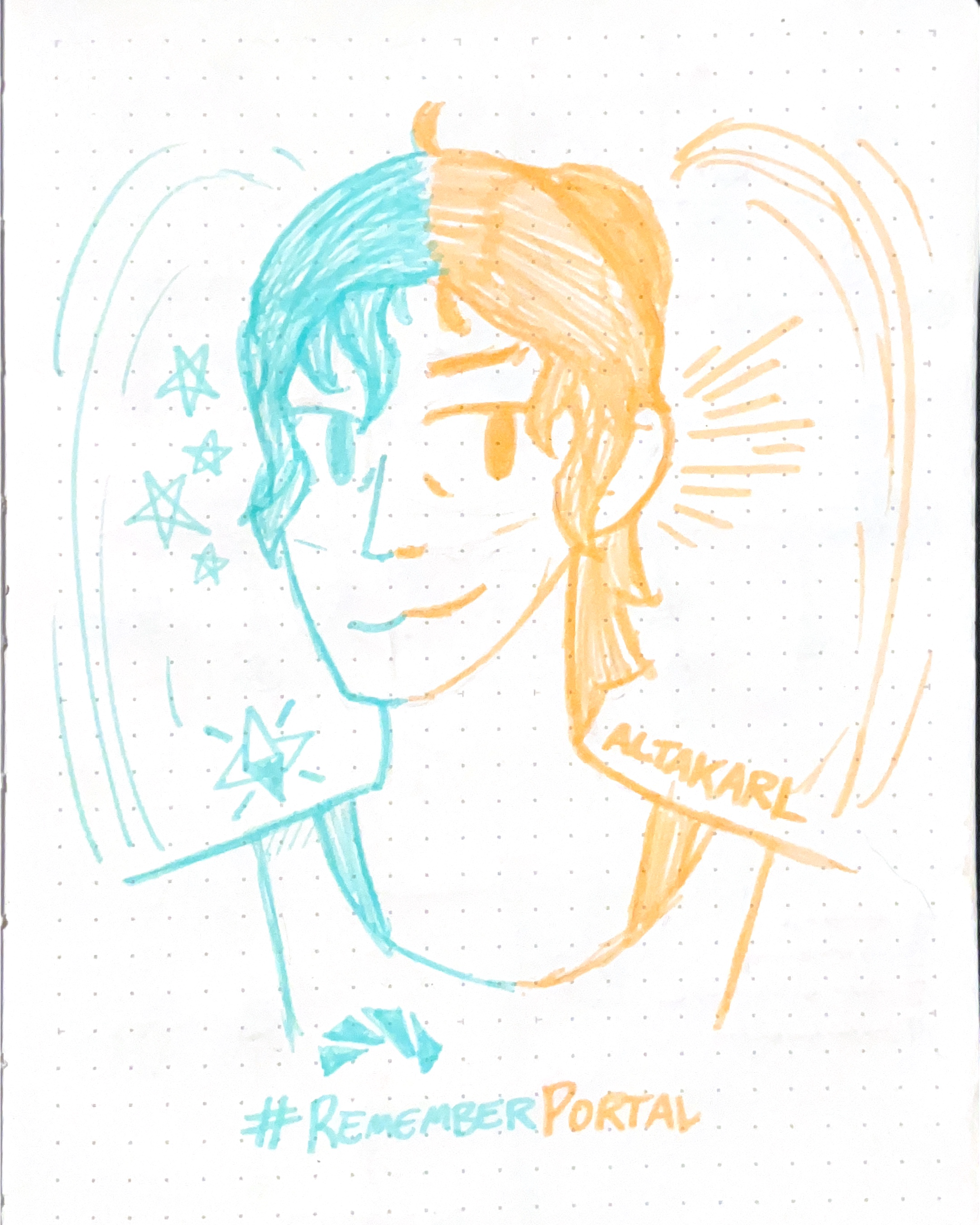 A sketch of Chell, the protagonist of the Portal games, done in cyan and orange highlighters, the colours of the portals!