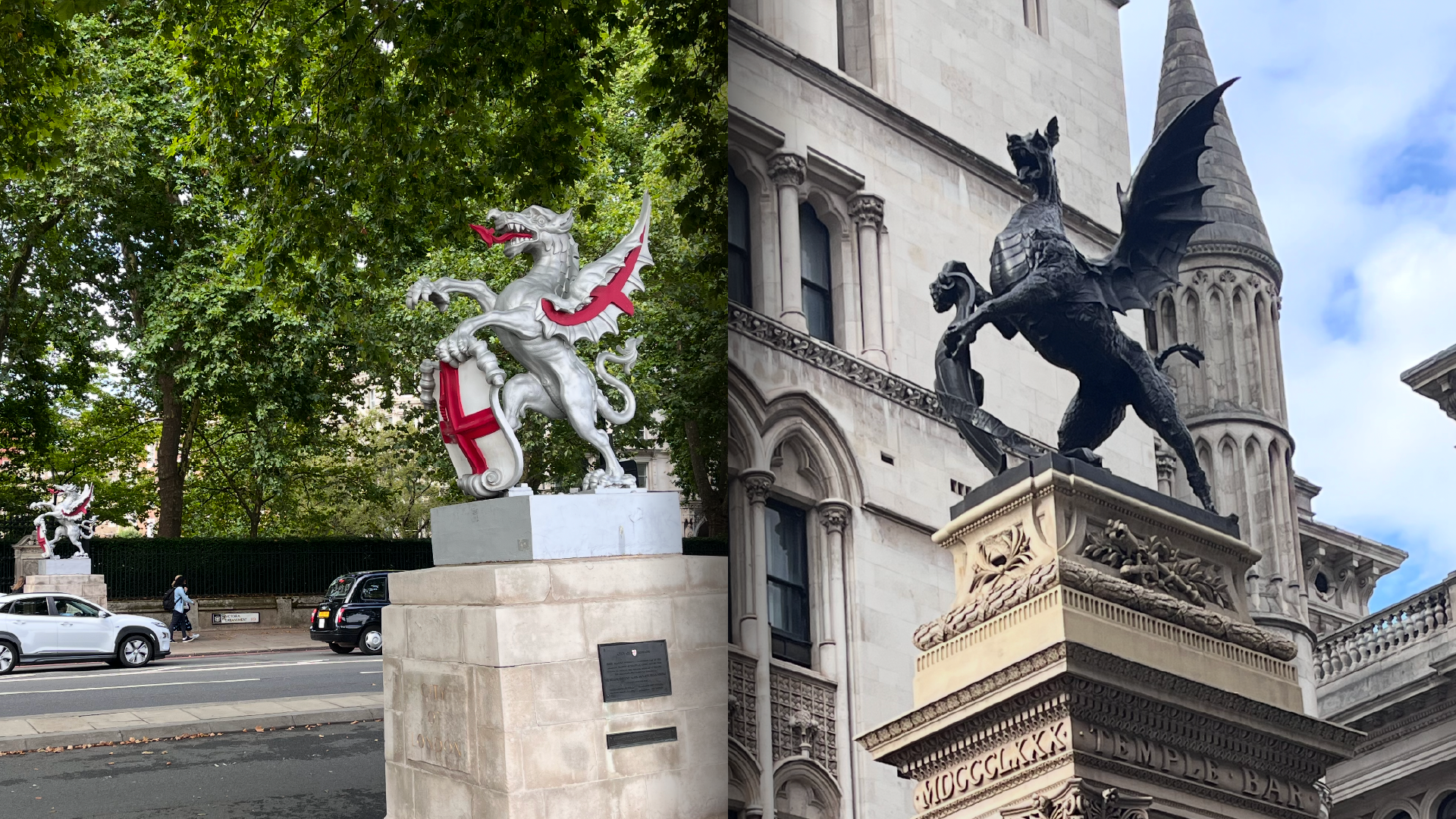 A collage of two images. The first showing the two original dragons of the City of London, and the other showing the unique thirteenth dragon in Temple Bar Memorial.
