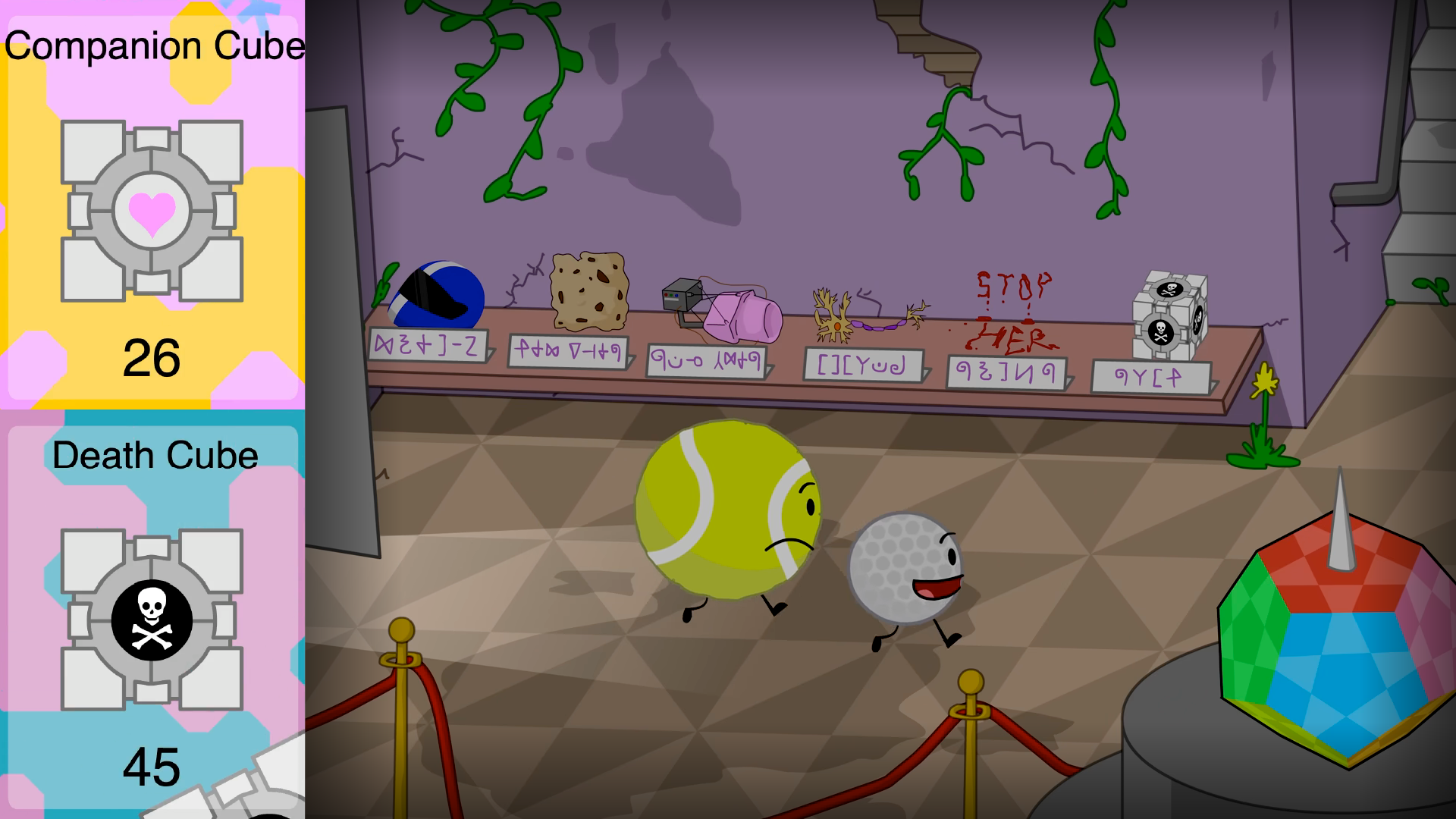 A mosaic of three images. Two smaller images show the Companion Cube and Death Cube in Tidepool. The larger image is a screenshot of IDFB 1 showing the Death Cube in a museum.