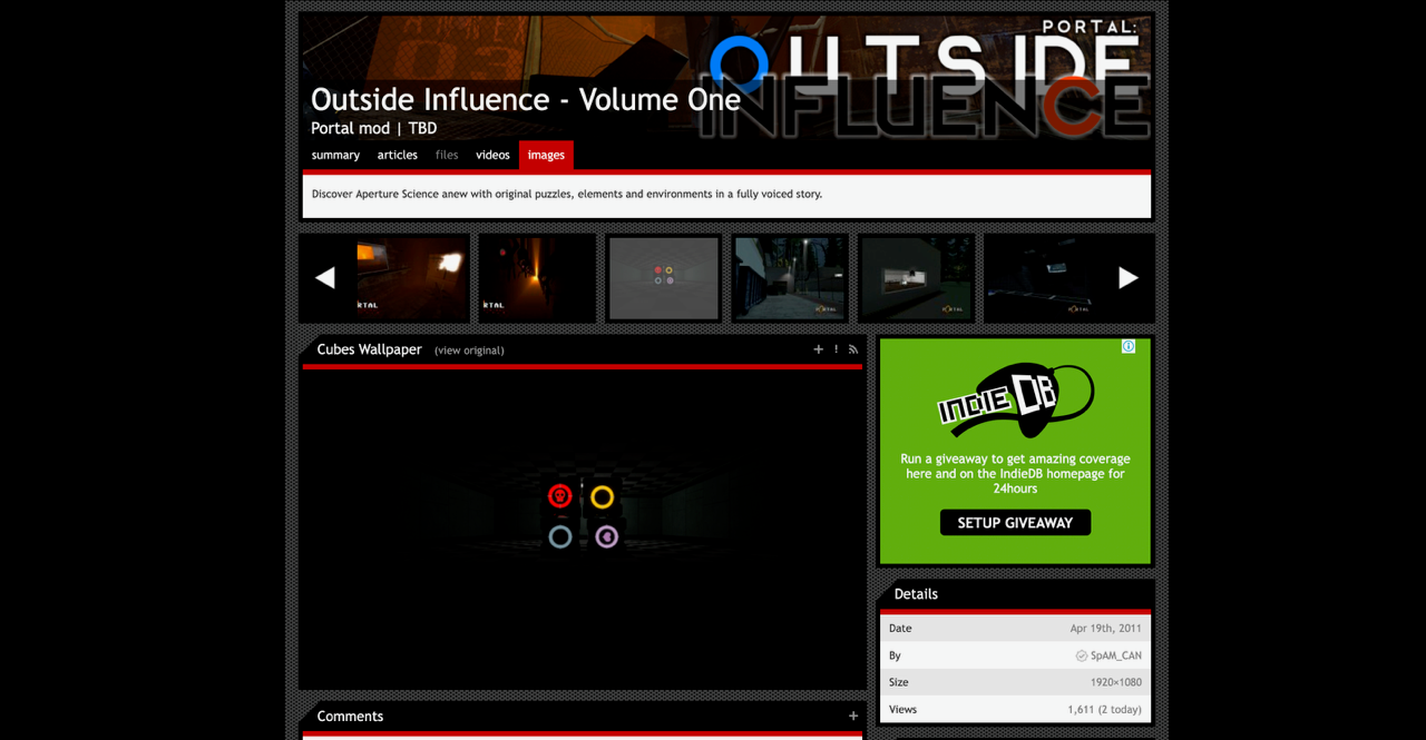 A screenshot of the ModDB page for Portal: Outsider Influence - Volume One. It shows an image called "Cubes Wallpaper" which features four cubes glowing in the dark, one of which is red with a skull.