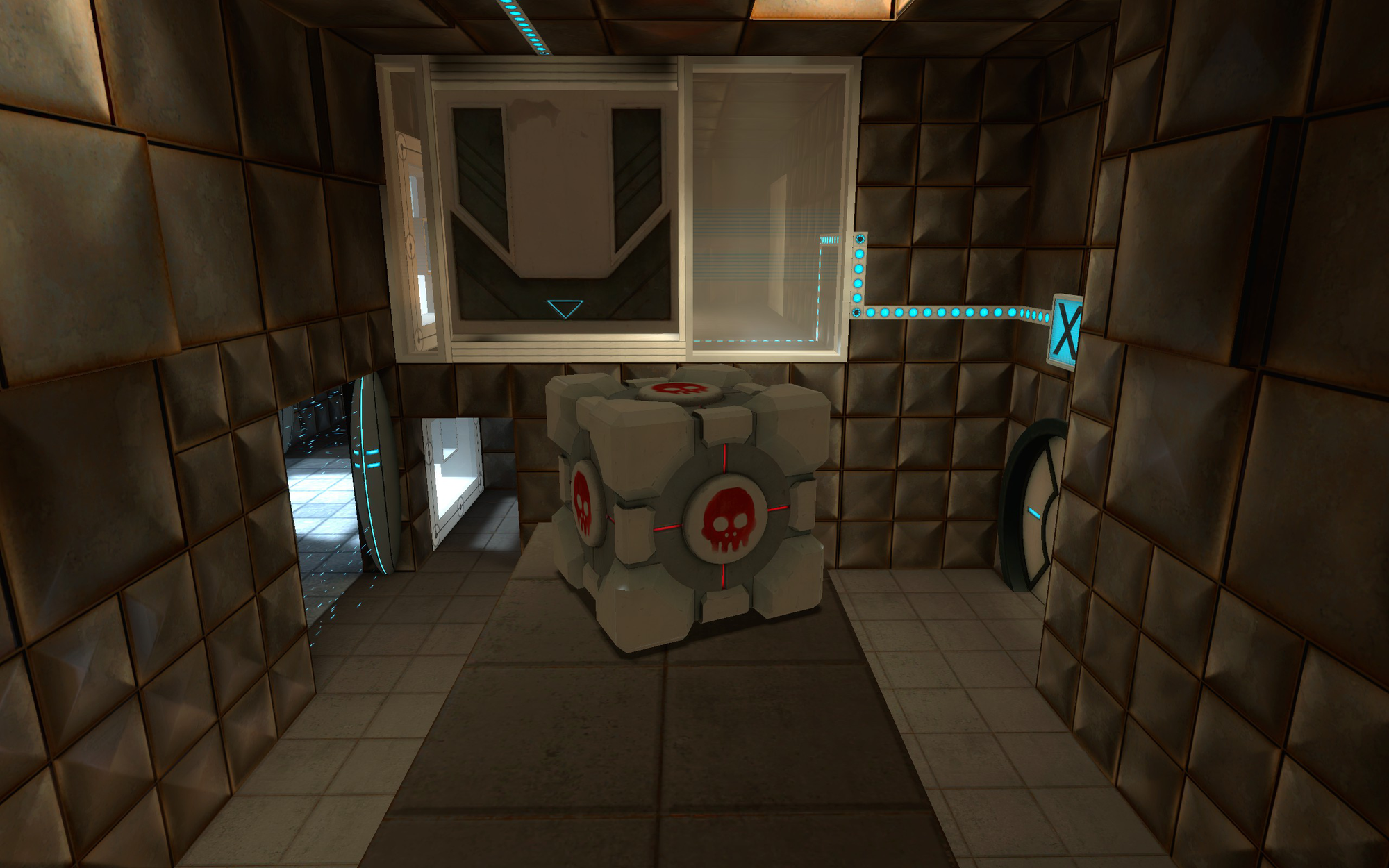 The Death/Skull Cube on a small ledge in (Advanced) Chamber 3 of Portal: Still Alive Enhanced.
