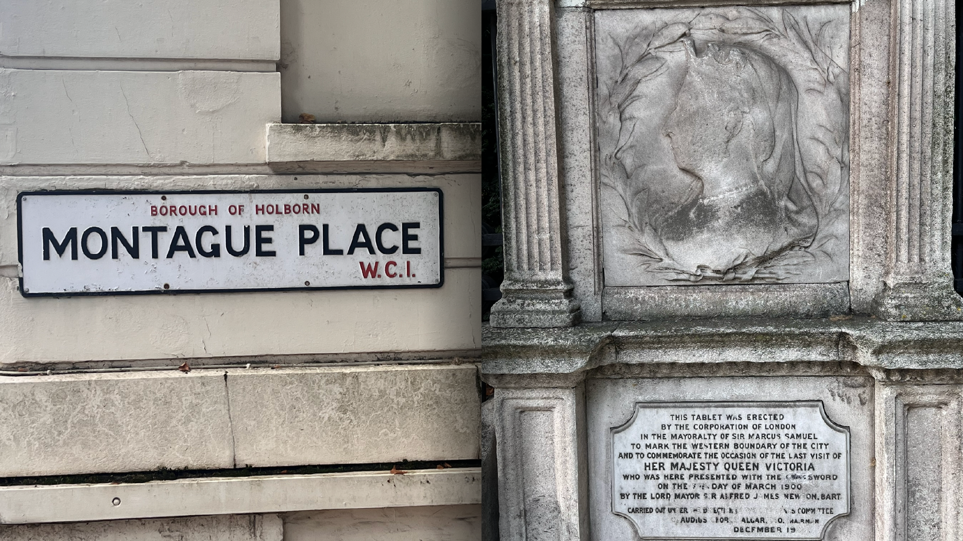 A collage of two images. The first image shows the road sign of Montague Place, with "Borough of Holborn" on top. The second image is a plaque commemorating Queen Victoria's visit to the dragons of the City of London.