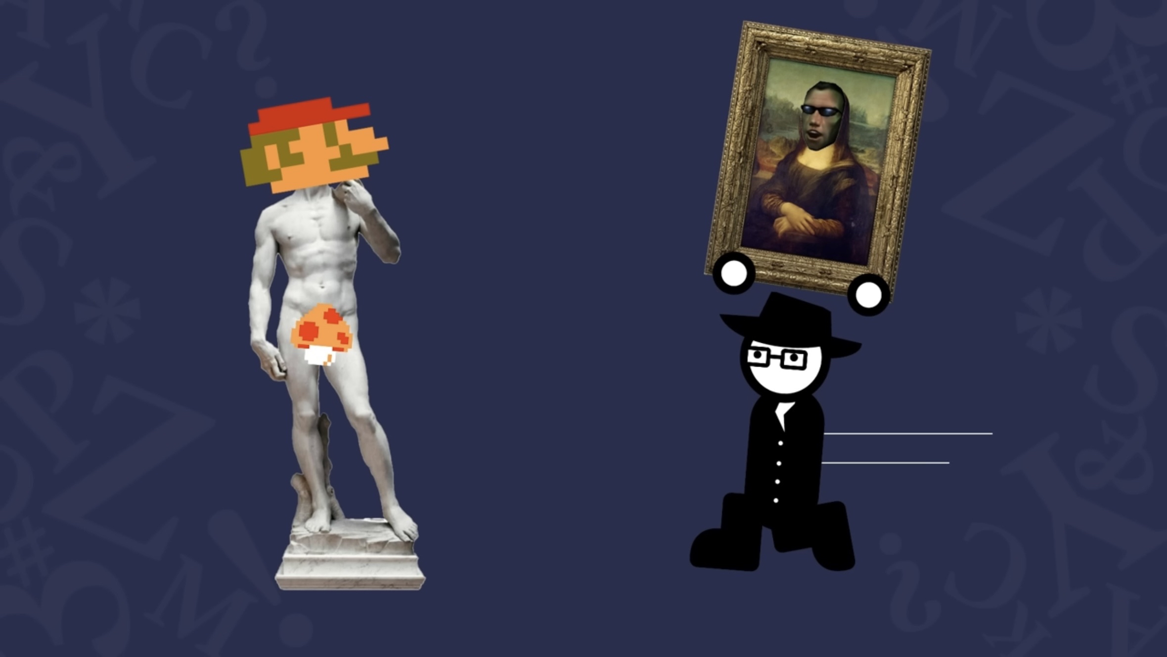 A screenshot from Yahtzee's latest Semi Ramblomatic. There's an image of the statue of David with Mario's head photoshopped in and a mushroom in his crotch, and Yahtzee is rushing with the Mona Lisa with JC Denton's face plastered on it.