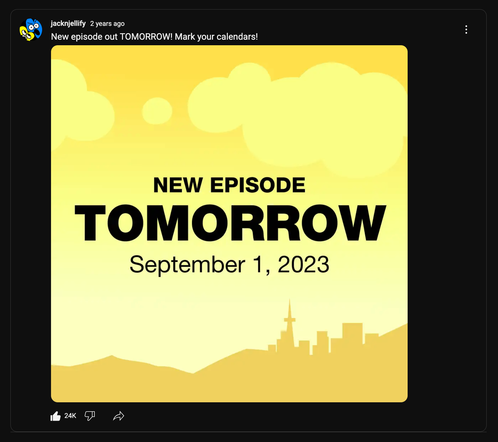 A teaser image by jacknjellify posted on August 31, 2023. Featuring a yellow background with the Yoyle City skyline visible, the setting of BFDIA 5e and IDFB 1.