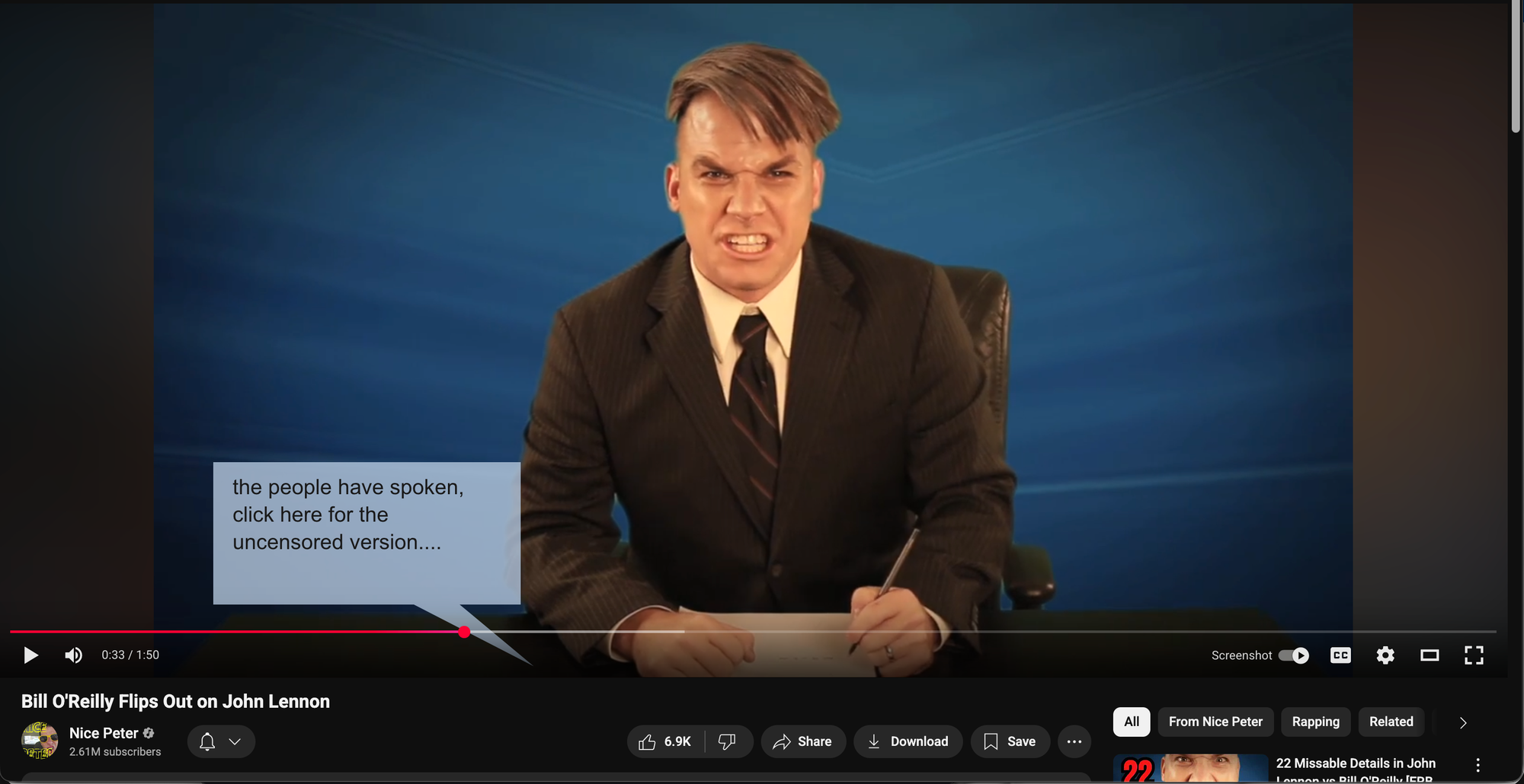 A screenshot of the original upload of the video. It features an annotation saying "the people have spoken, click here for the uncensored version...."