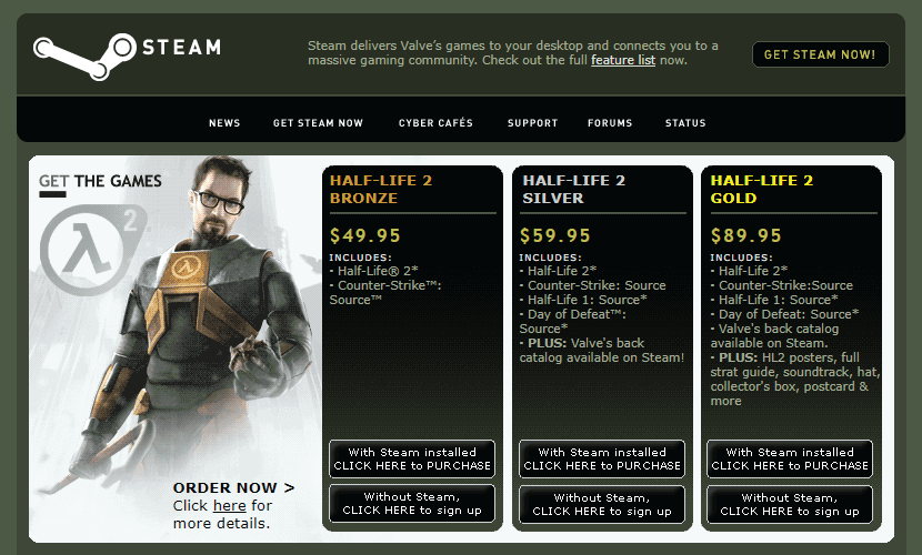 The Steam frontpage in 2004, showing Half-Life 2's bronze, silver, and gold bundles. HL1: Source is featured in the Silver and Gold bundles.