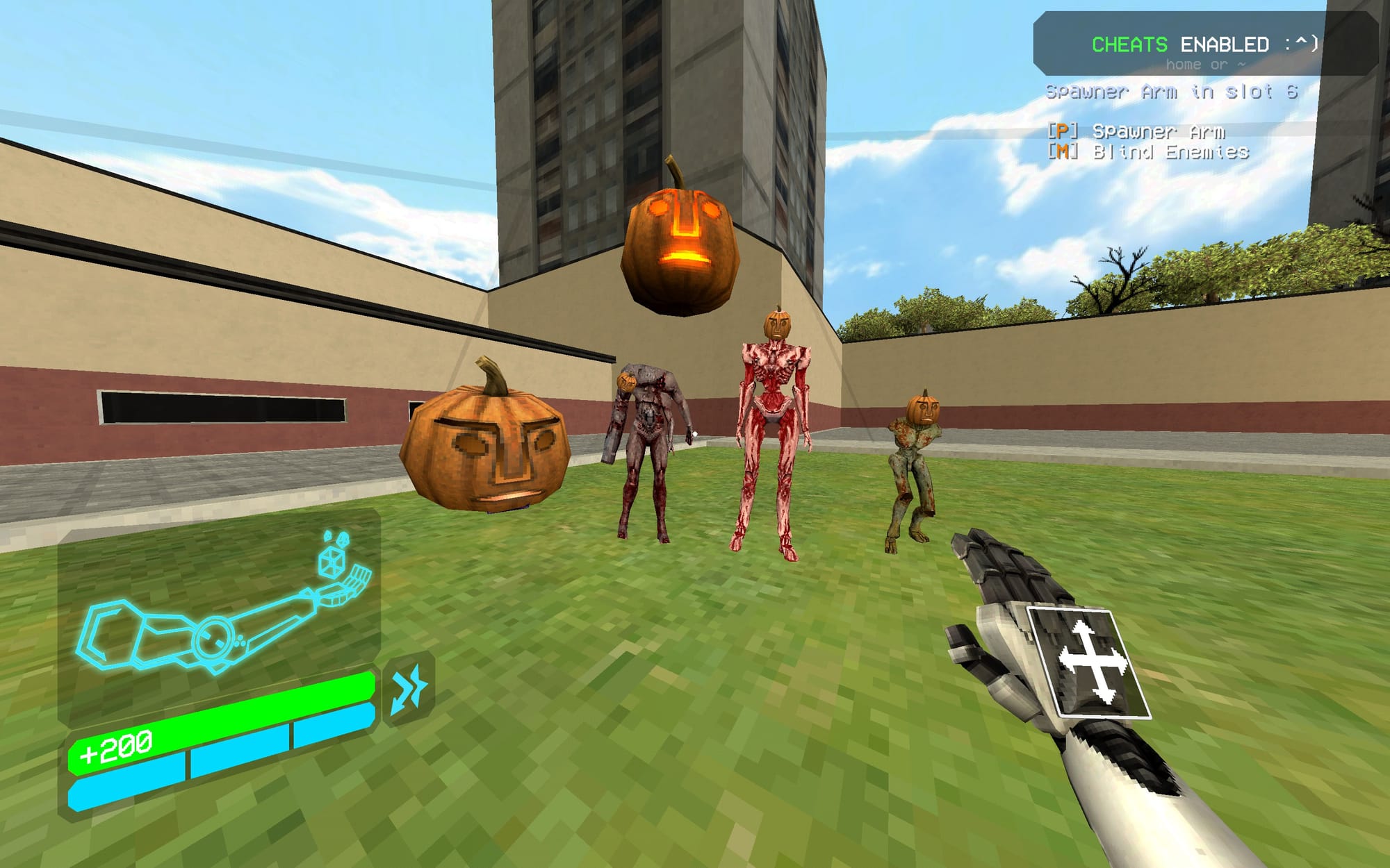 Five ULTRAKILL monsters (Filth, Stray, Schism, Drone, and Malicious Face) during halloween, all changed to have their faces or even whole bodies turned into pumpkins.