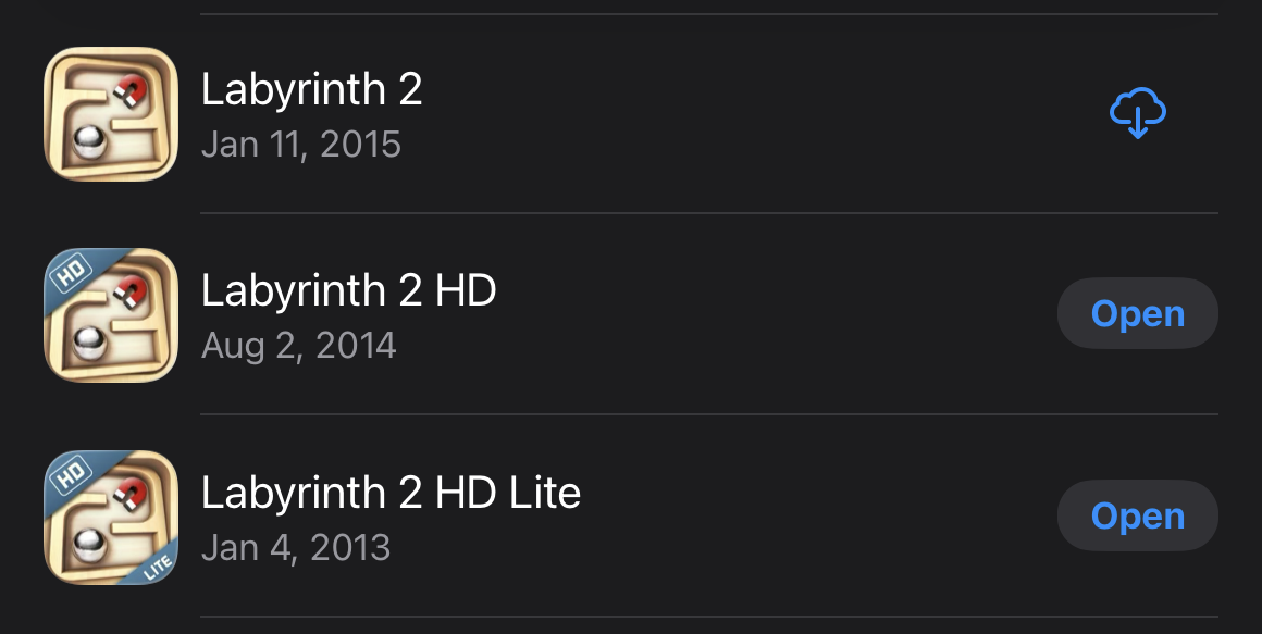 A screenshot from the Apple App Store, showing how I originally purchased the lite version of Labyrinth 2 HD on January 4, 2013, and the full version on August 2, 2014.