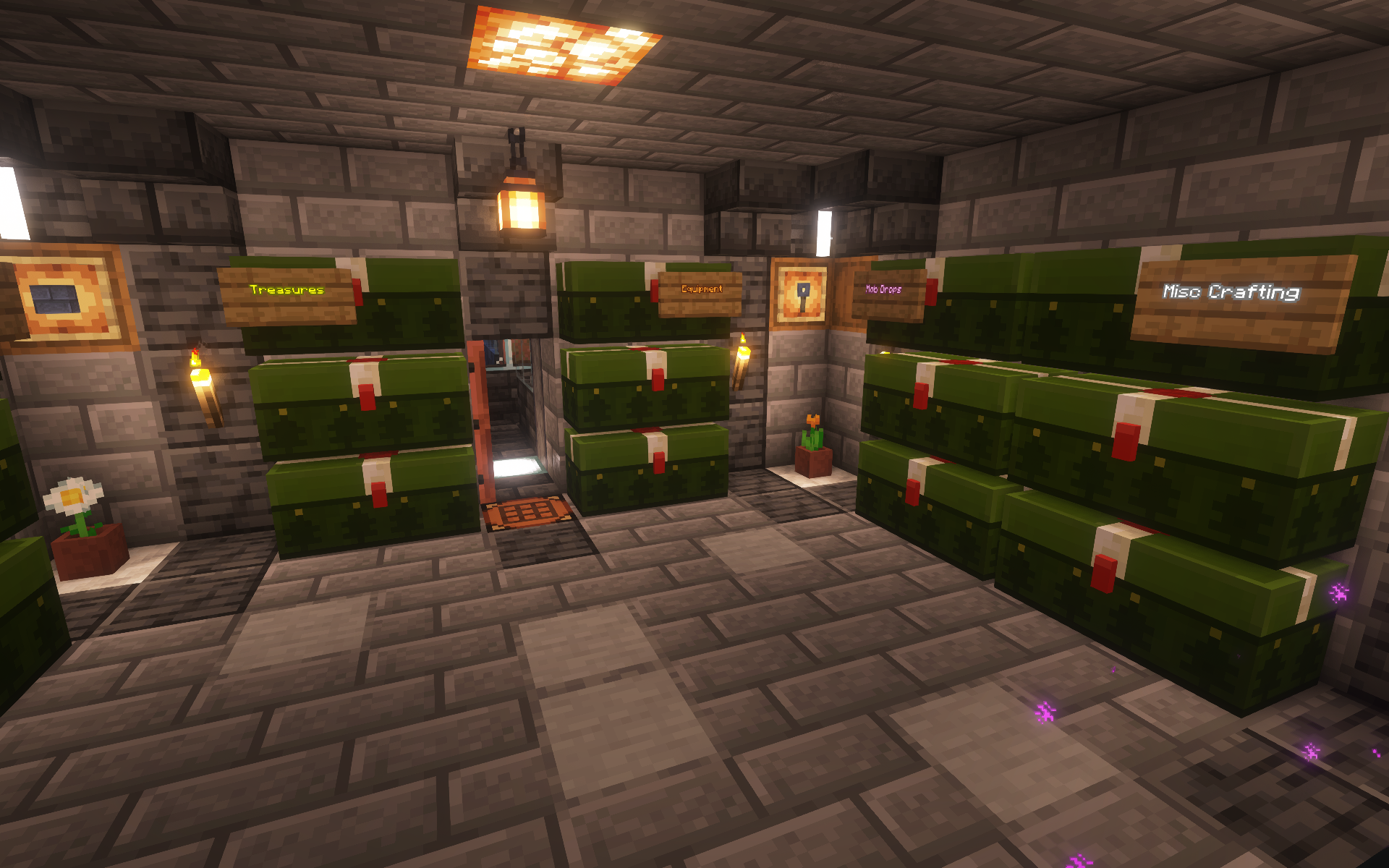 A Minecraft storage room during Christmas. The double chests all turned into wide green presents.