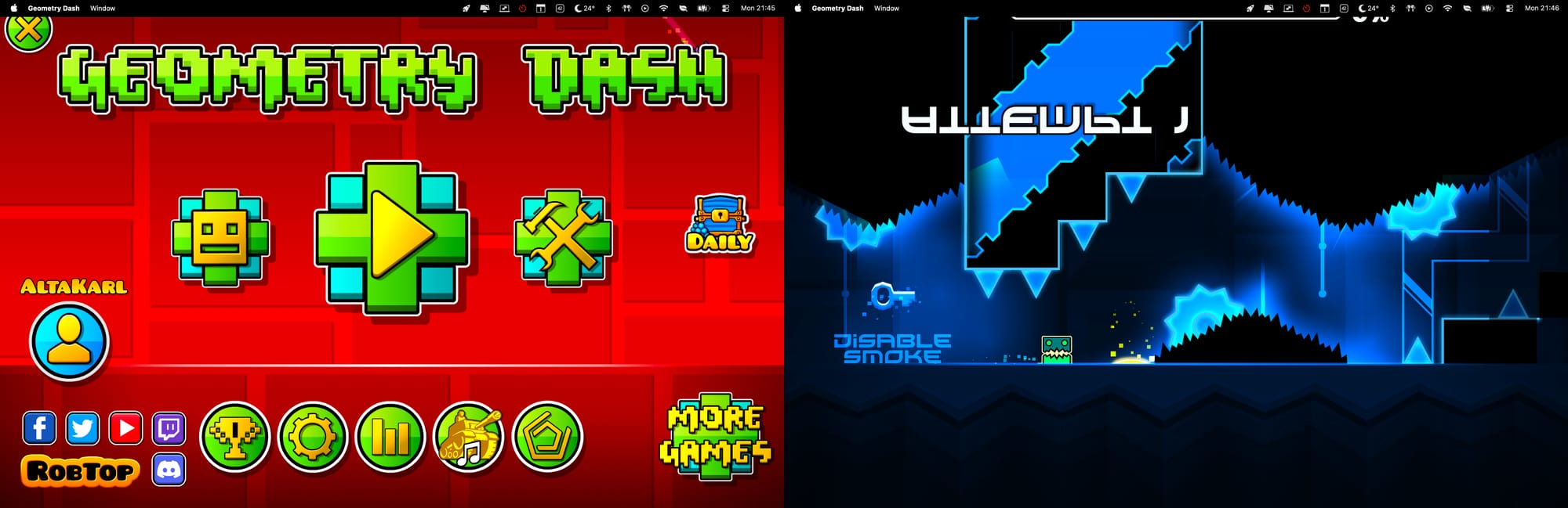A collage of two screenshots of Geometry Dash on MacOS. One of the menu screen, and another in the middle of a level. In both the menu bar is still visible and clips off a chunk of the game screen.