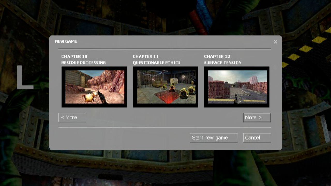 A screenshot of the chapter select menu in Half-Life: Source. It's on the screen with Residue Processing, Questionable Ethics, and Surface Tension. The background shows Blast Pit.