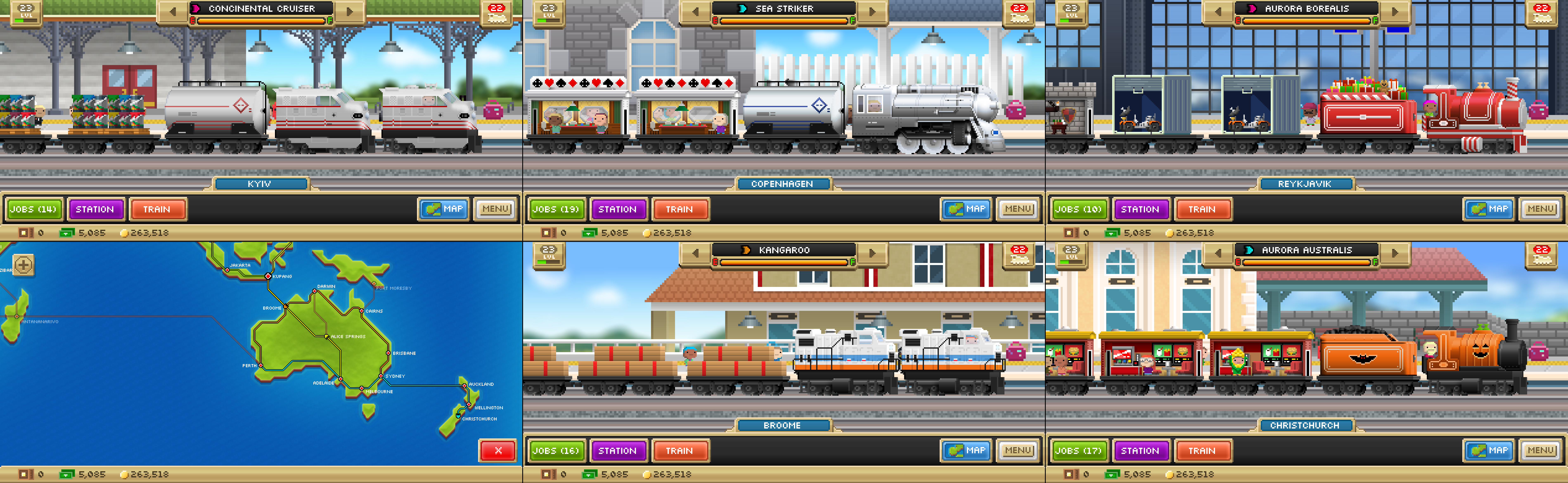 A collage of six images in Pocket Trains. Five of them show different trains in different stations, and another the map focused on Oceania.