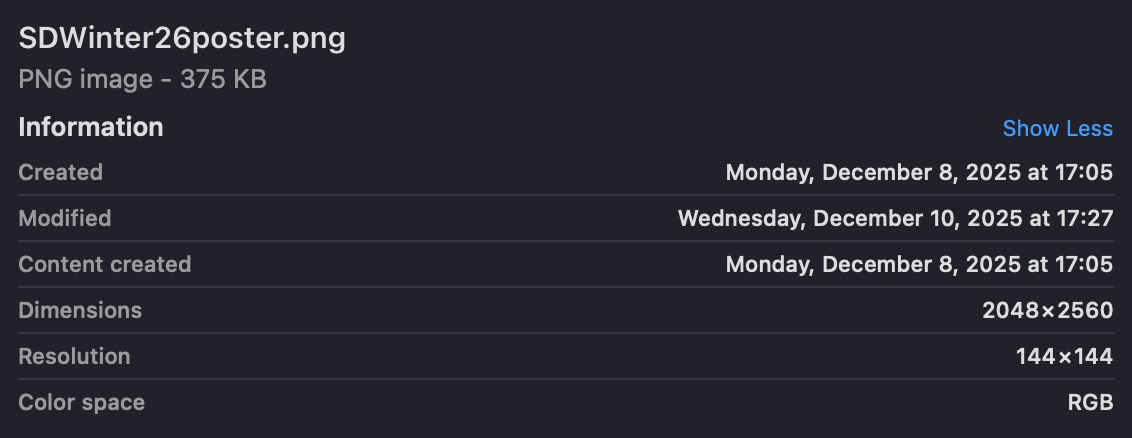 The document info for the .png file of the SD Winter 2026 poster. It was created 2025-12-08, and last modified 2025-12-10.