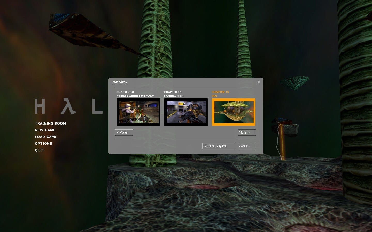 The chapter select menu for Half-Life: Source. The background shows Xen (in the chapter Interloper), and the chapter selected is Xen.