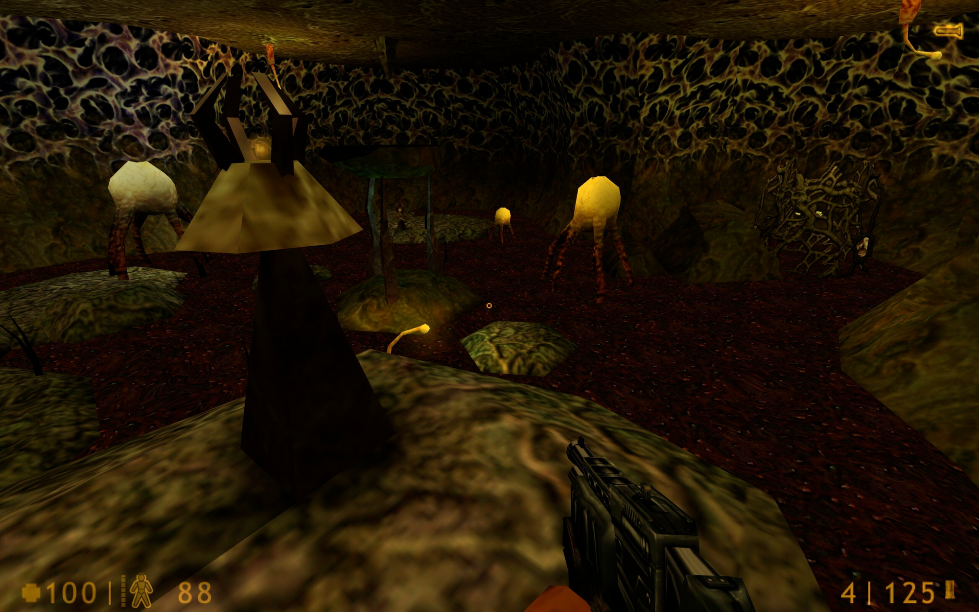 The cavern area in the main Xen island. It features some spores, a weird red liquid, and a bunch of rocks.