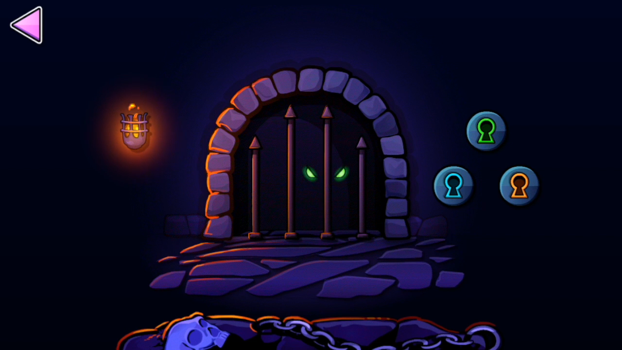 The basement in the Vault of Secrets in Geometry Dash. Some glowing eyes appear behind bars with three keyholes, one green, one orange, and one blue.