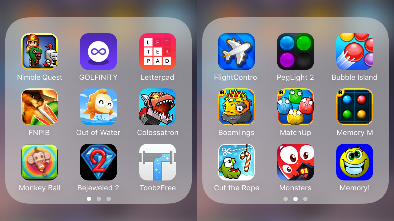 The games I recently downloaded on my iPhone 5, in a folder labeled "Lost Games". Features games made by NimbleBit, Halfbrick, RobTop, Zeptolab, EA, and others.