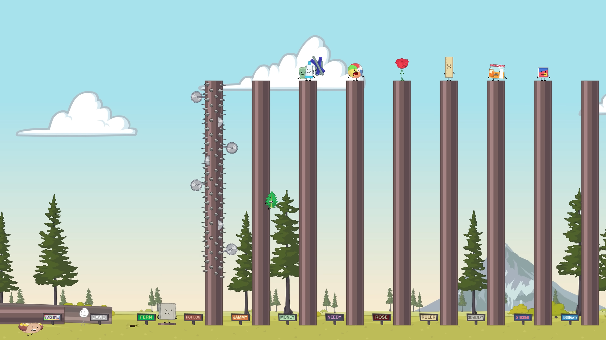 A screenshot from BFDIE 1, showing all of the poles the contestants had to climb.
