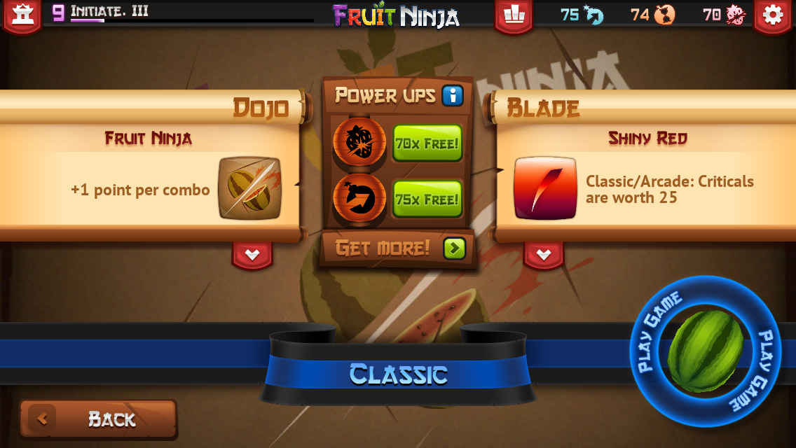 The menu for the Classic game mode from update 2.4.6. It features the Fruit Ninja dojo background and Shiny Red Blade.