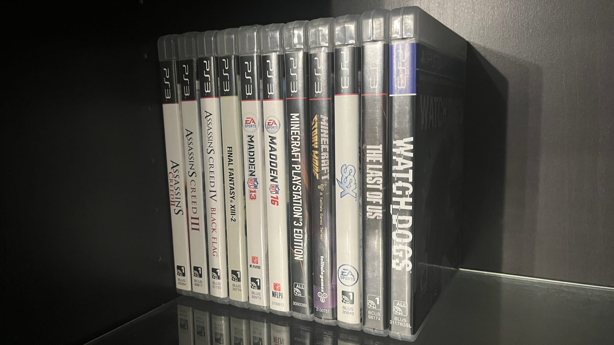 Me and my sister's collection of PlayStation 3 games. Includes Assassin's Creed 2–4, Final Fantasy XIII-2, Madden NFL 13 and 16, Minecraft, Minecraft: Story Mode, SSX, The Last of Us, and Watchdogs.Me and my sister's collection of PlayStation 3 games. Includes Assassin's Creed 2–4, Final Fantasy XIII-2, Madden NFL 13 and 16, Minecraft, Minecraft: Story Mode, SSX, The Last of Us, and Watch Dogs.