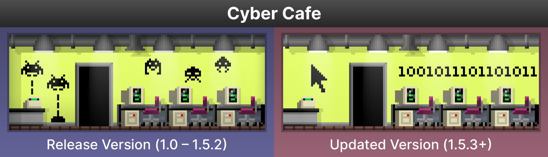 The original and newer versions of the Cyber Cafe in Tiny Tower. The Space Invader aliens in the wallpaper were replaced with a cursor and binary.