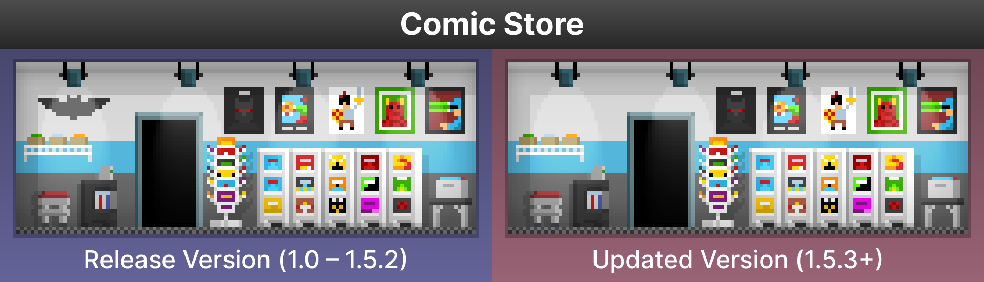 The original and newer versions of the Comic Store in Tiny Tower. The Batman logo in the top left corner was removed.