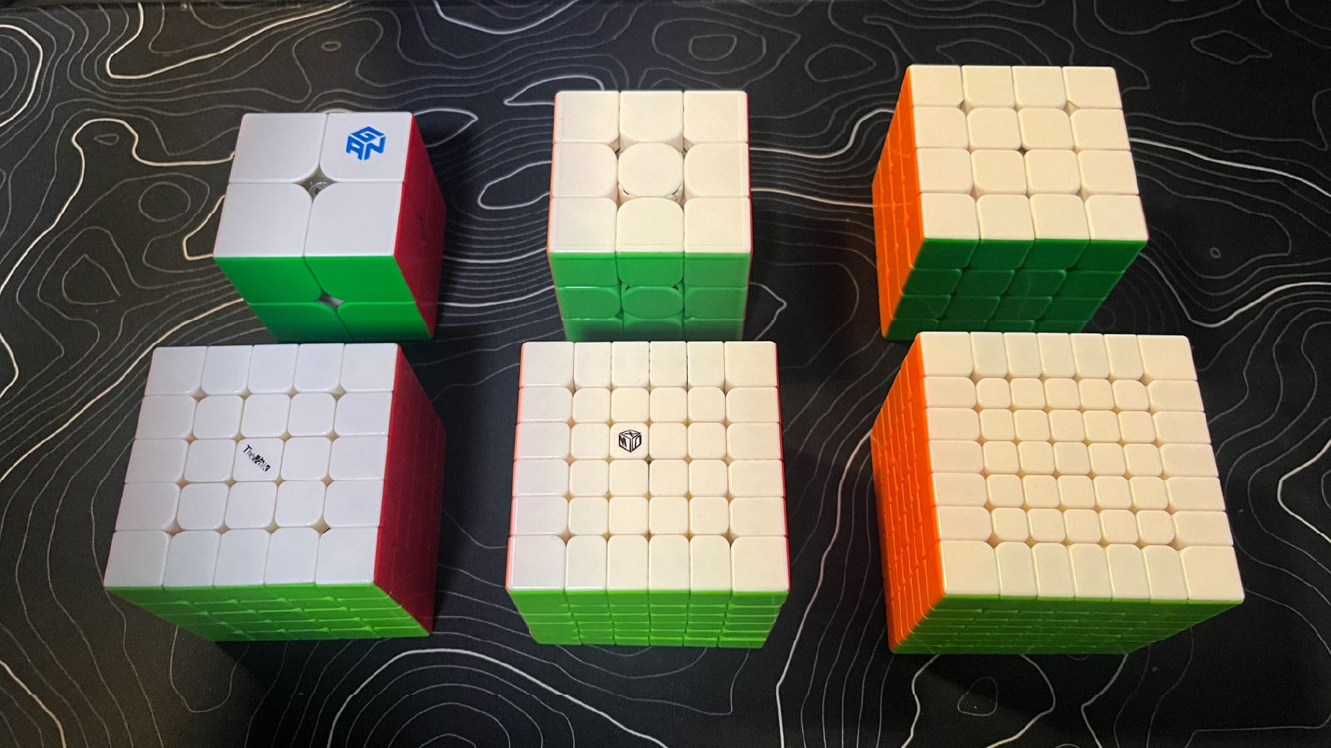My GAN251 M Pro, MoYu WeiLong GTS3 M, YJ MGC 4x4, Valk 5 M, X-Man Shadow 6x6 V2 M, and X-Man Spark 7x7 M.