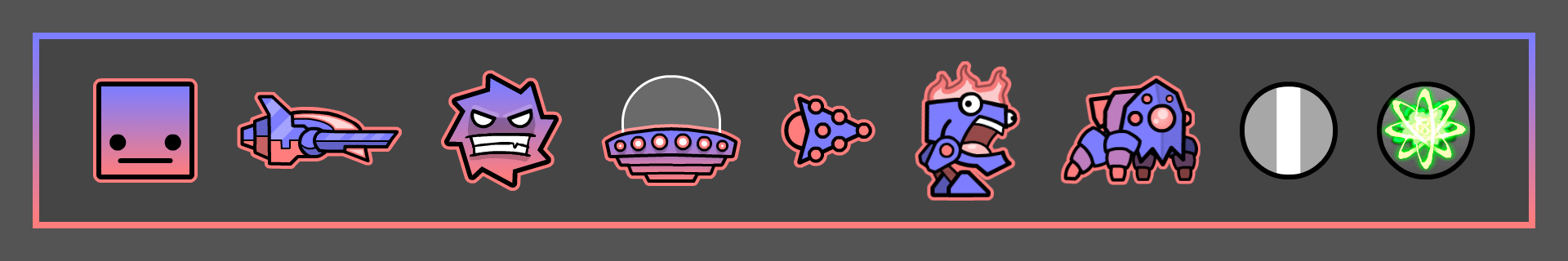 AltaKarl's icon set which he stole from a Norcda Childa video. It uses pastel purple and pink, and mostly features icons with gradients.