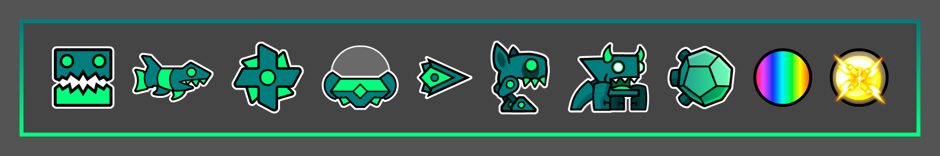 AltaKarl's current Geometry Dash icon set since June 2023. It uses a dark teal and jade green, and features relatively simple icons.