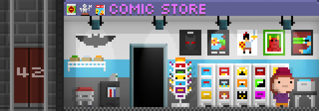 The Comic Store in Tiny Tower's release version. It features a white, cyan, and grey wallpaper, and a Batman logo on the top left.