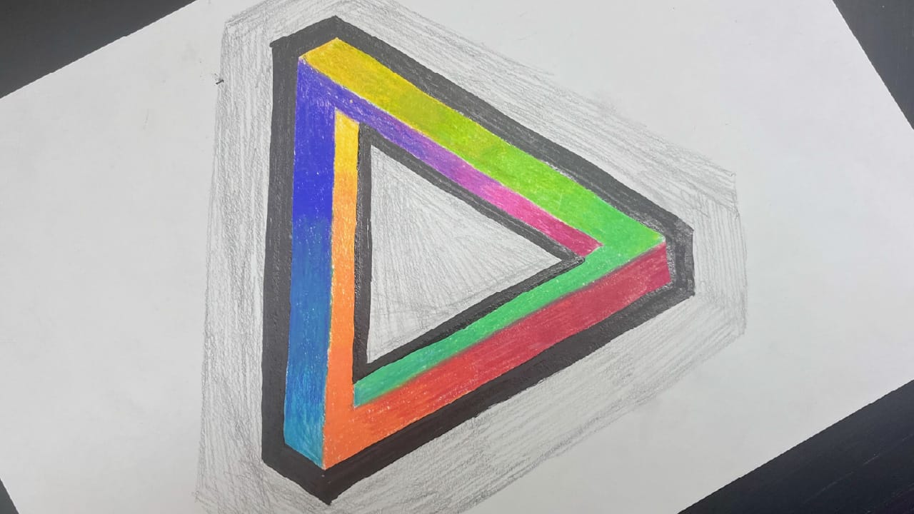 My original infinite triangle drawing from 2023-11-03. It's a Penrose triangle that has all hues going across it in a loop.