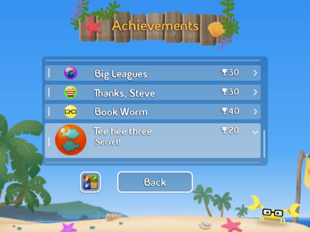 Screenshot of the Tee hee three achievement in Fish Out of Water, gotten for skipping a fish 69 times in one throw.