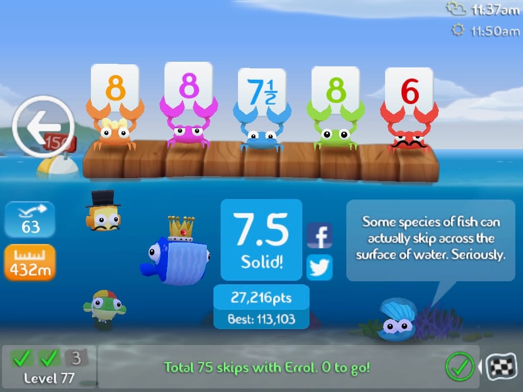 A screenshot of the scoring in Fish Out of Water. The five crabs are on a wooden plank holding up their scores, as the three fish I threw are in the left corner, my score in the middle, and Zeus's fun fact in the right corner.