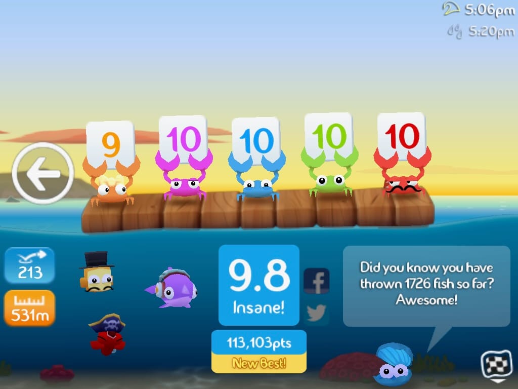 My highest Pro Score in Fish Out of Water, 113,103 pts, from 213 skips and 531 metres in distance. I used Greedy Olympus, Headphones Finlay, and Pirate Rocket.