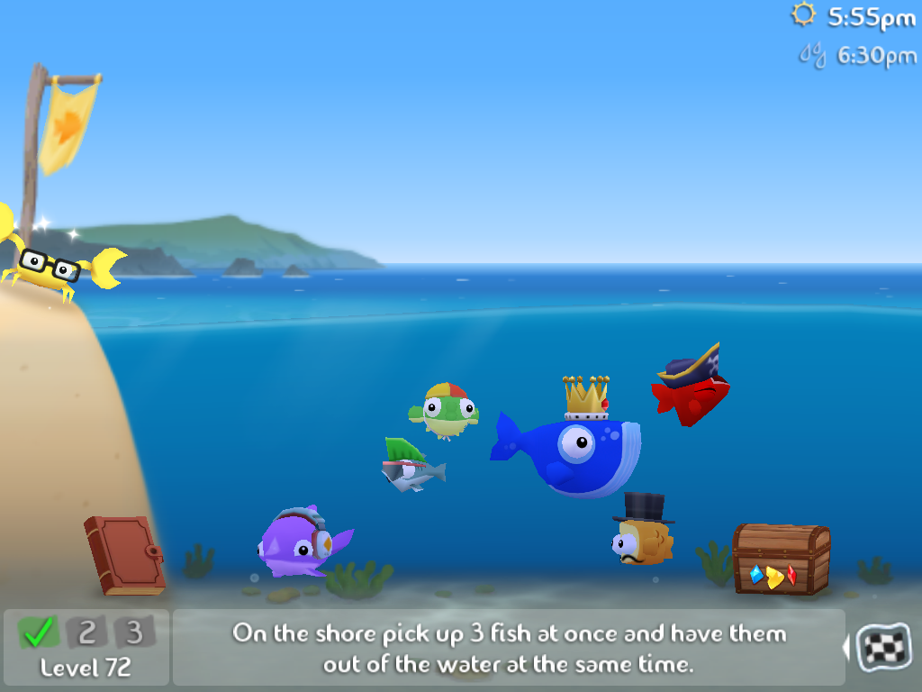 A screenshot from Fish Out Of Water, it's raining while all the fishes are in the coast with silly costumes on.