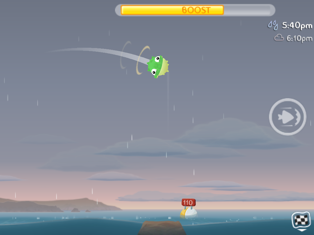 A screenshot from Fish Out Of Water. Errol is boosting across the air just above a geyser.