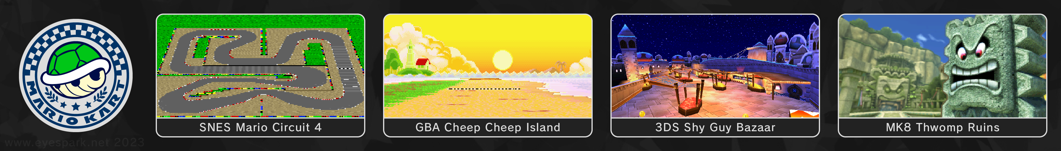 My old predictions for potential new Mario Kart retro tracks from 2023. The Shell Cup includes SNES Mario Circuit 4, GBA Cheep Cheep Island, 3DS Shy Guy Bazaar, and MK8 Thwomp Ruins.