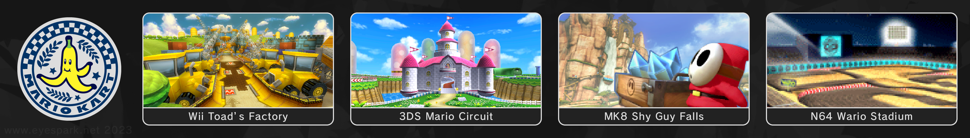 My old predictions for potential new Mario Kart retro tracks from 2023. The Banana Cup includes Wii Toad's Factory, 3DS Mario Circuit, MK8 Shy Guy Falls, and N64 Wario Stadium.