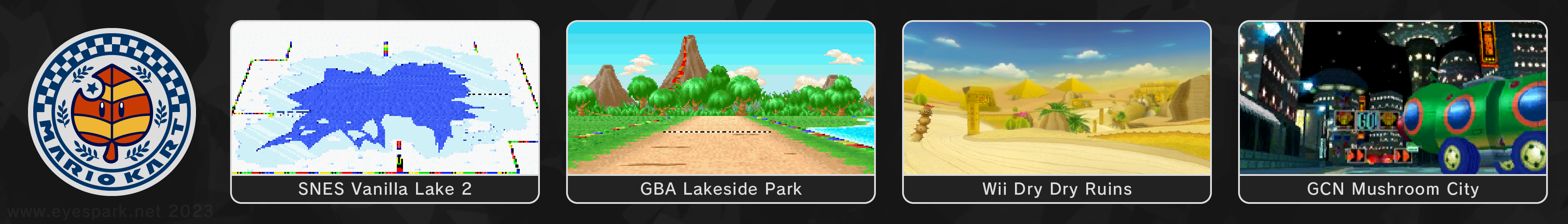 My old predictions for potential new Mario Kart retro tracks from 2023. The Leaf Cup includes SNES Vanilla Lake 2, GBA Lakeside Park, Wii Dry Dry Ruins, and GCN Mushroom City.