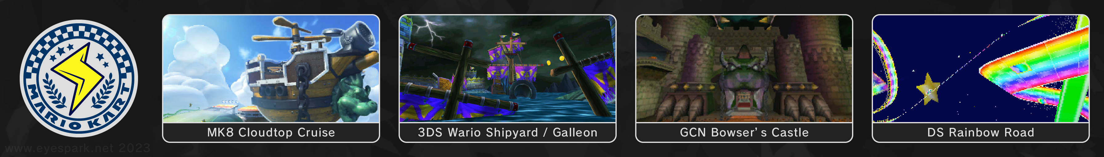 My old predictions for potential new Mario Kart retro tracks from 2023. The Lightning Cup includes MK8 Cloudtop Cruise, 3DS Wario Shipyard/Galleon, GCN Bowser's Castle, and DS Rainbow Road.