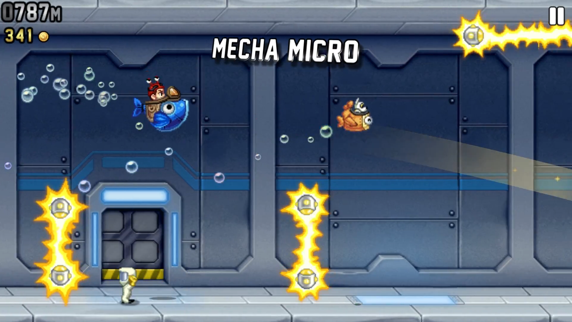 A screenshot from Jetpack Joyride. Barry is riding the Mecha Micro vehicle while Flash rides on a smaller Mecha Olympus.
