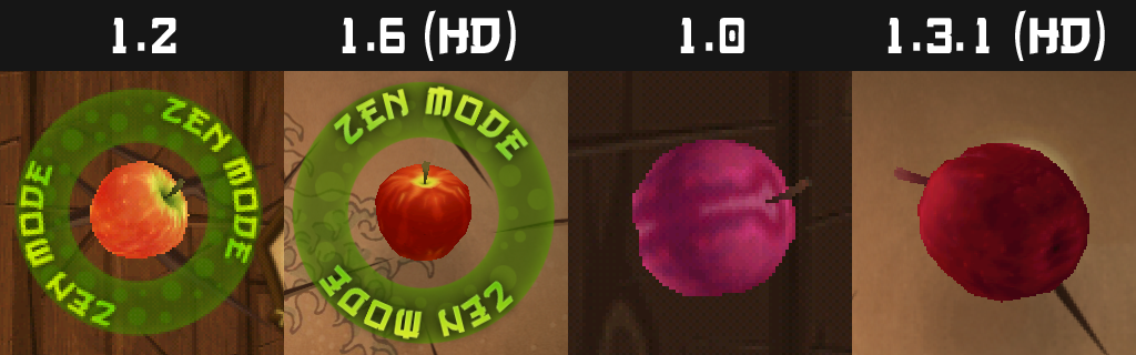 Comparison of the red apple and plum textures in Fruit Ninja from release to their current versions. The original apple was more golden, while the current one is much more red; while the original plum was much more purple/pink, with the newer one being redder.