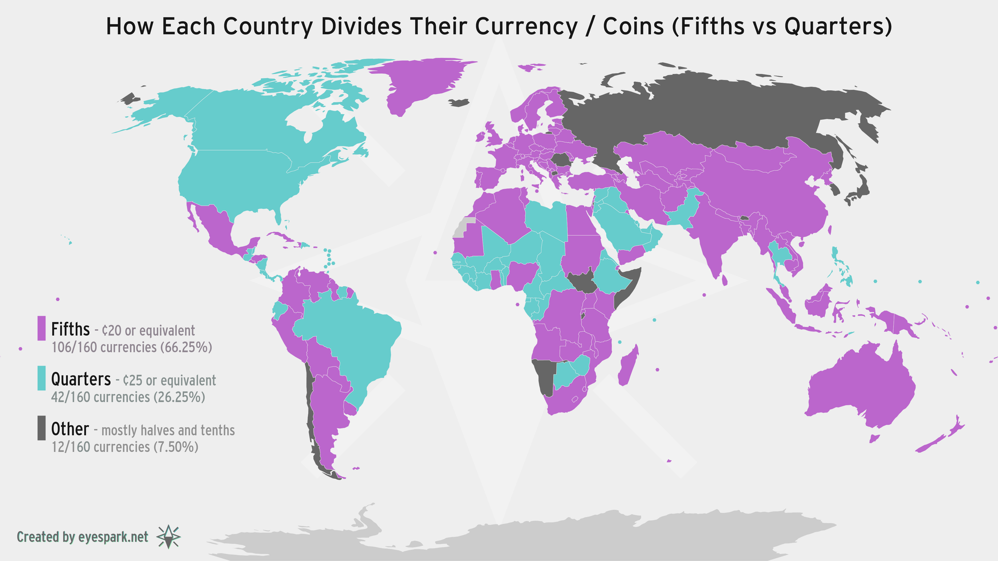 My map displaying how each country divides its currency. Countries that divide their currency into fifths (i.e. ¢20) are in purple, and ones that divide into quarters (i.e. ¢25) are in cyan. Countries with other systems are in dark grey.
