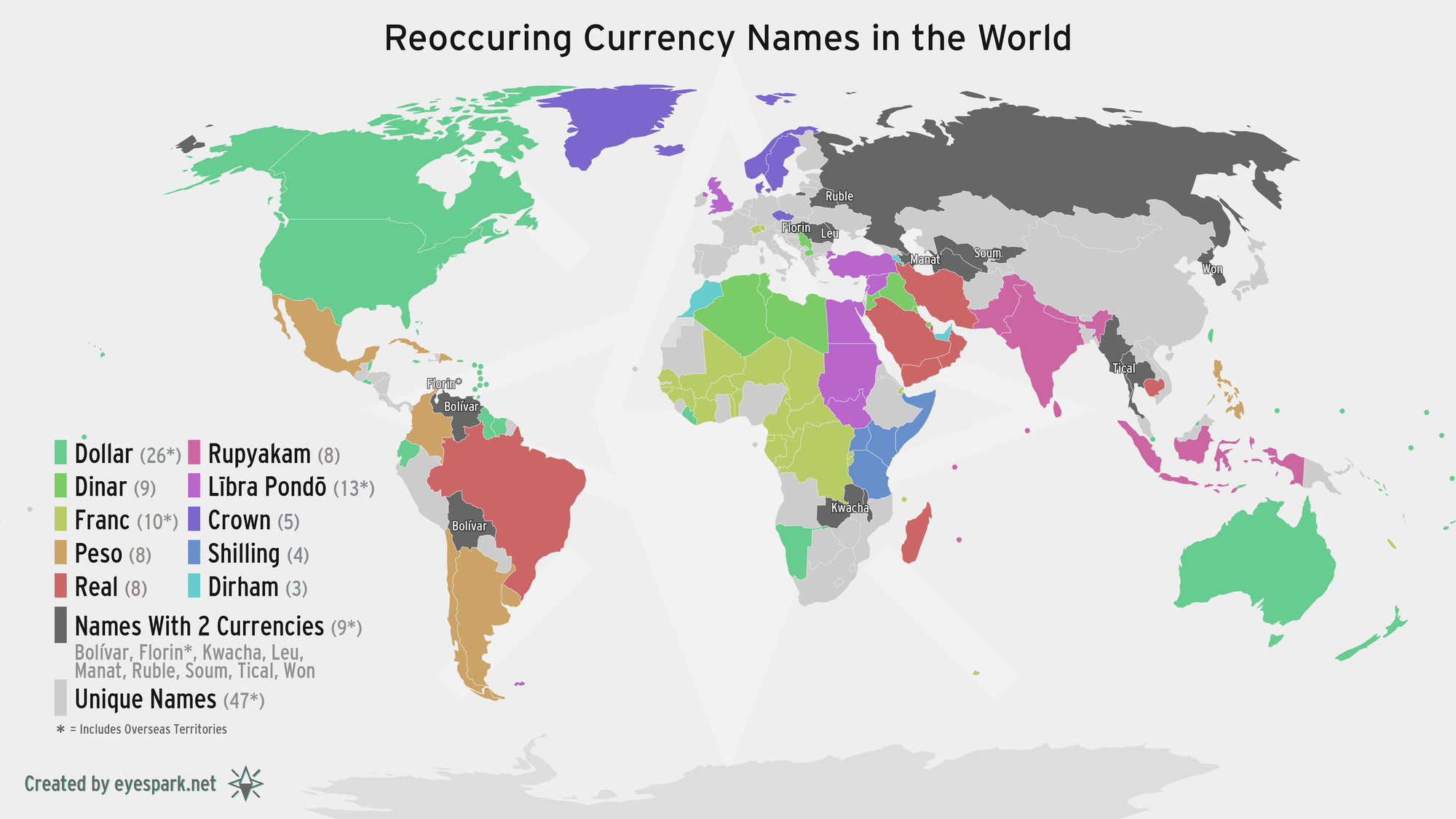 A map showing what currencies in the world have the same name (i.e. Dollar, Peso, Rupee, etc.). Ones with the same origin are the same colour, while pairs of common names are in dark grey.