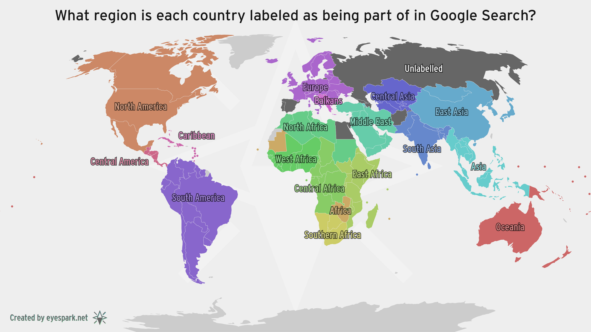 A map showing what regions Google says each country belongs to when looked up.