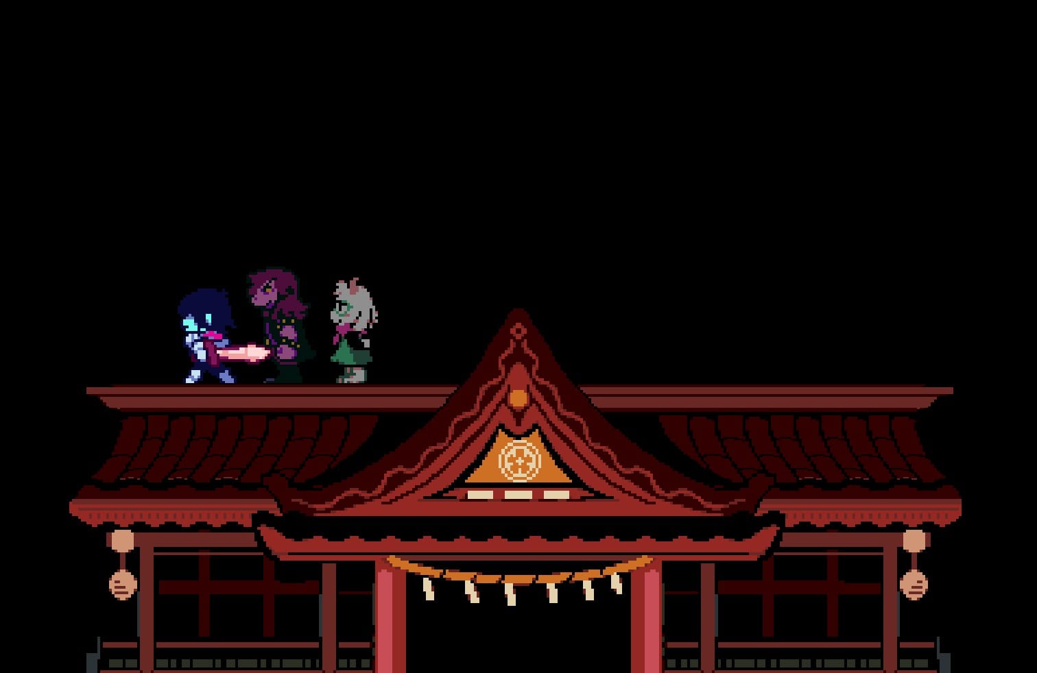 The Fun Gang on top of the dojo in Deltarune Chapter 5. Getting here allows you to find a pink coin!