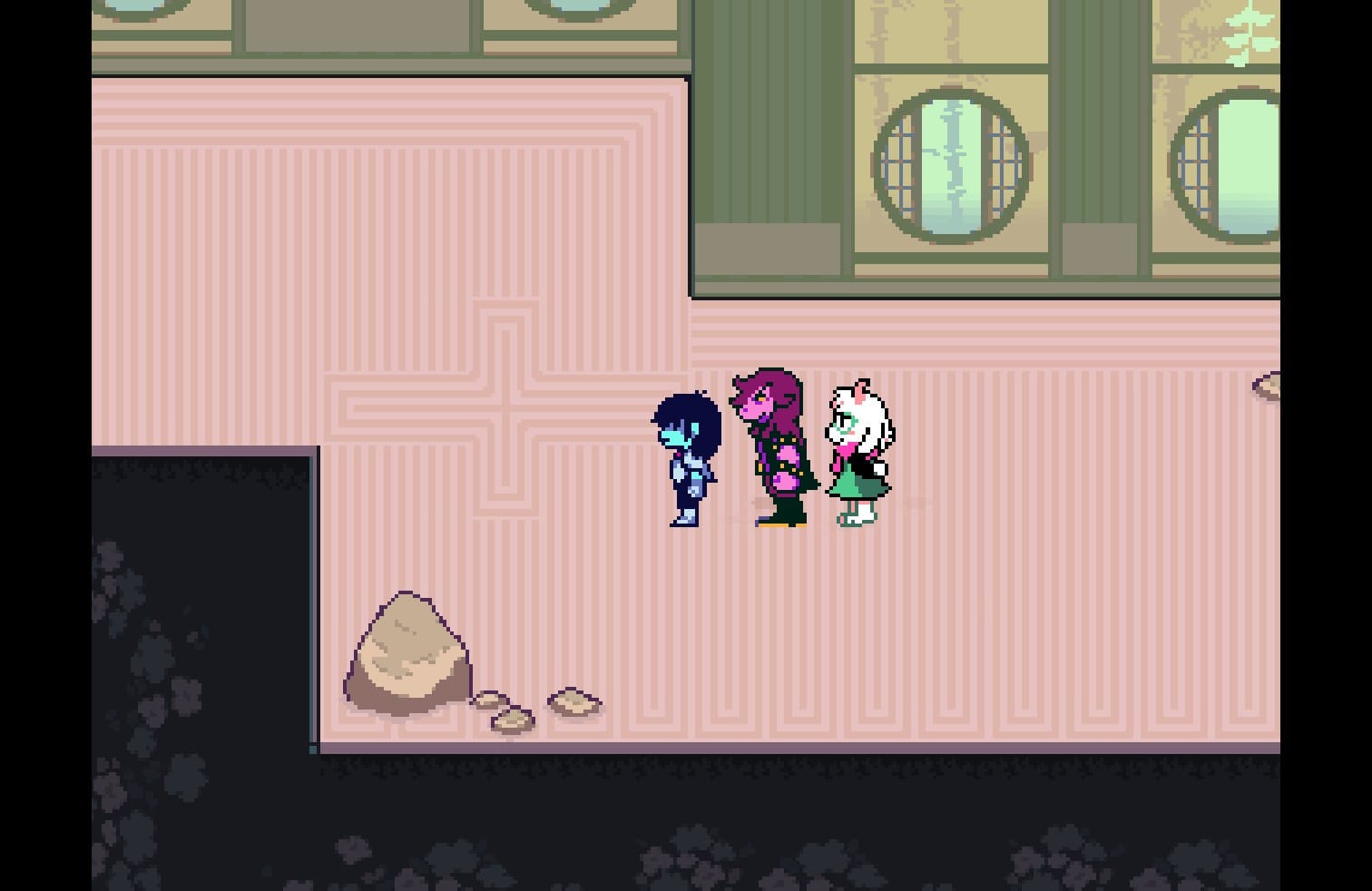 A screenshot of the zen garden section of the castle in Deltarune Chapter 5.