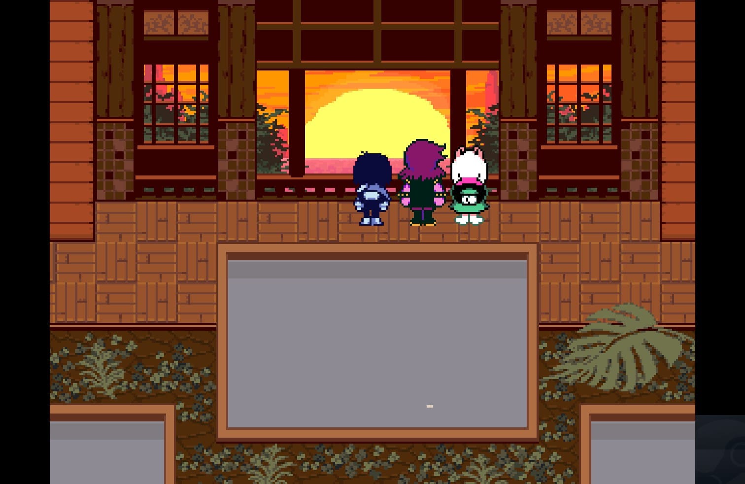 A screenshot of Deltarune Chapter 5. The Fun Gang are watching the sunset out of a window in front of a hot spring.