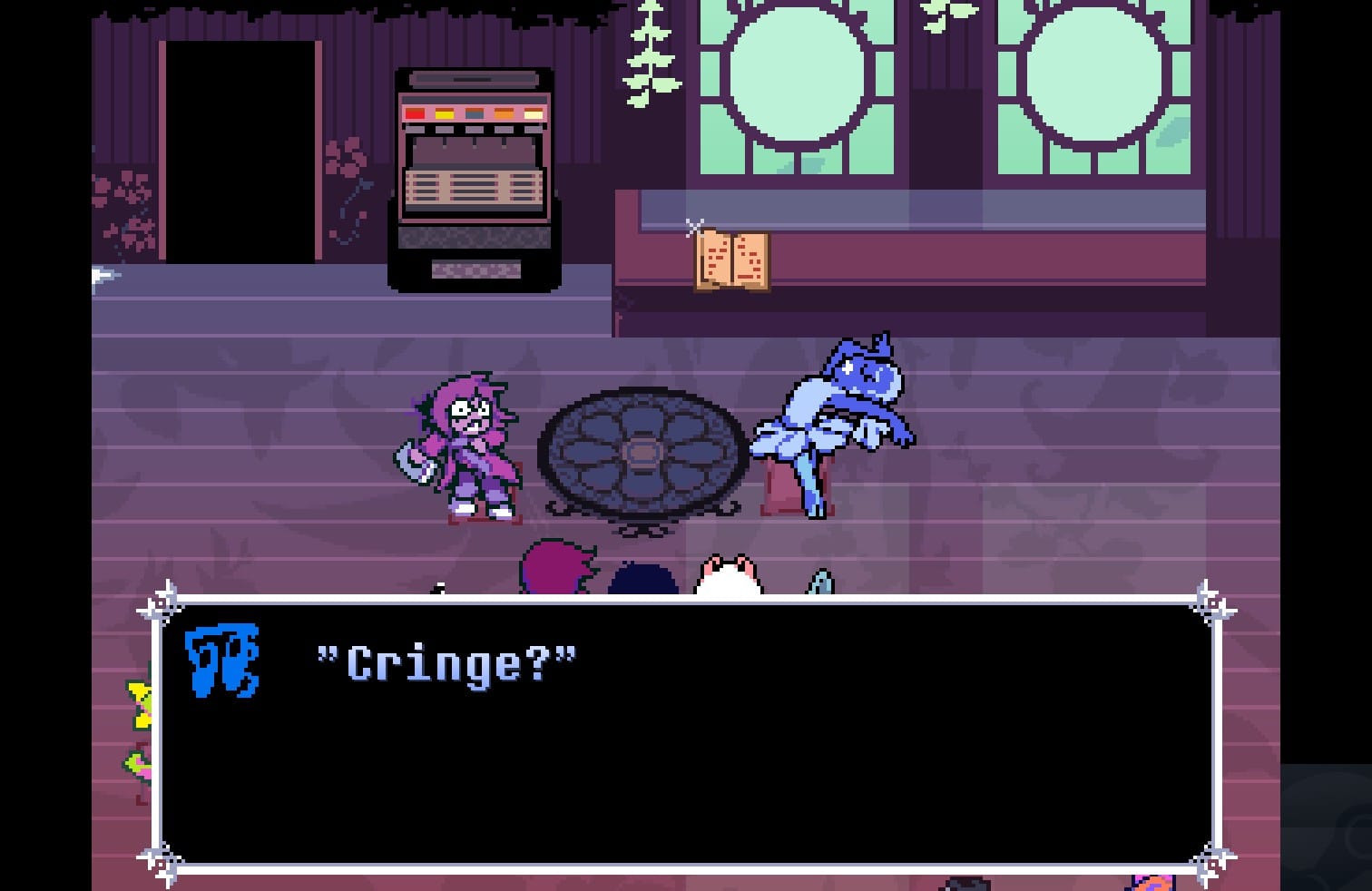 A screenshot of Deltarune Chapter 5. Seth and Blue are talking, and Blue says "Cringe?", to which Seth reacts in shock.