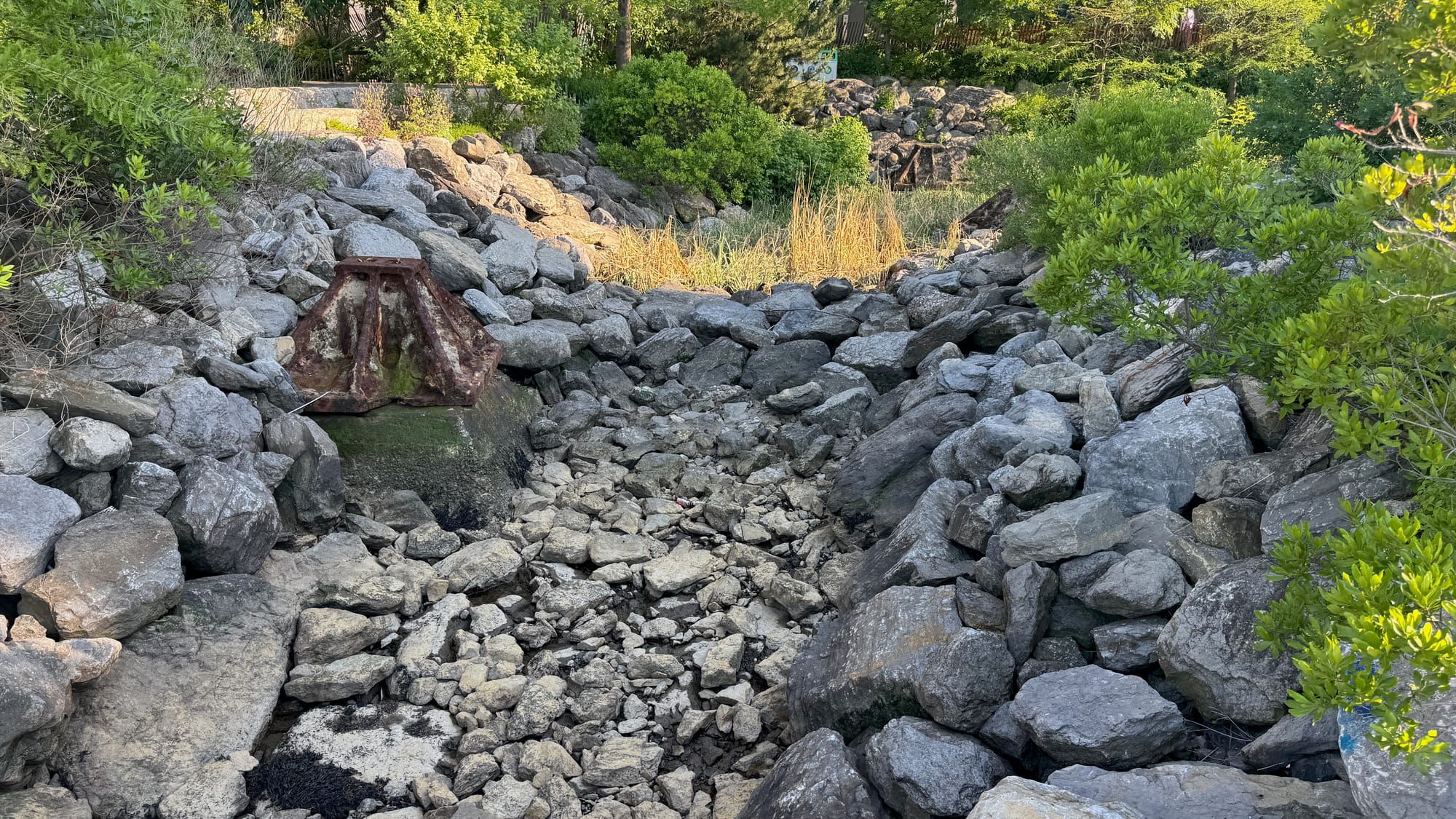 A small stony canal in Brooklyn Bridge Park, which is usually covered in water when the tides are higher.